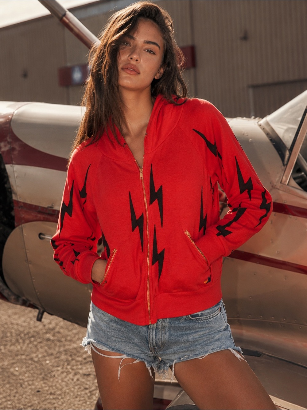 Aviator Nation Red Black Lightning Repeat Bolt Full Zip Hoodie XS RARE